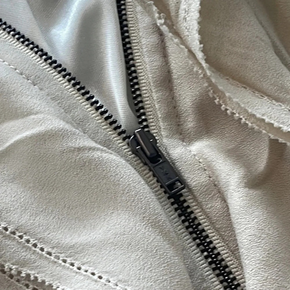 Gentle Fawn Mini Beige Cream Cascading Ruffle Zip Up spaghettini straps dress 6 - Picture 6 of 16